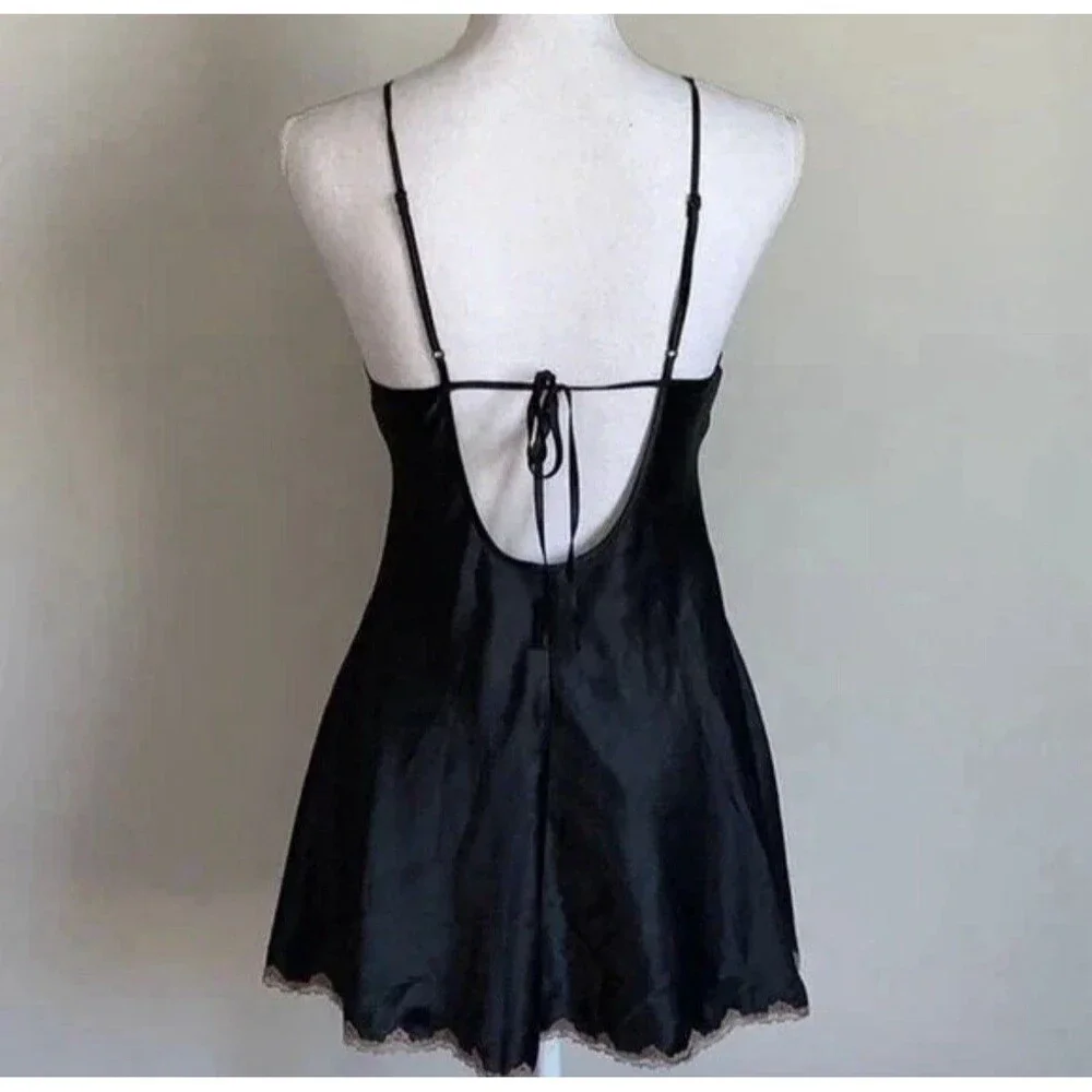 Y2K Victoria's Secret Black Satin Slip Dress Cream Lace Madison Beer Style Sz S